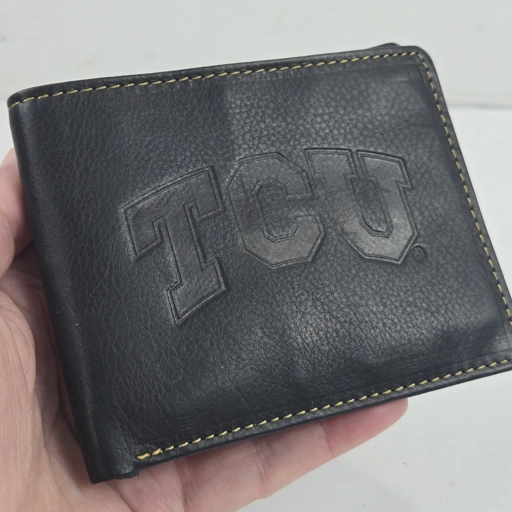 TCU Embossed Genuine Black Leather Men's Slim Bifold Wallet EXCELLENT COND